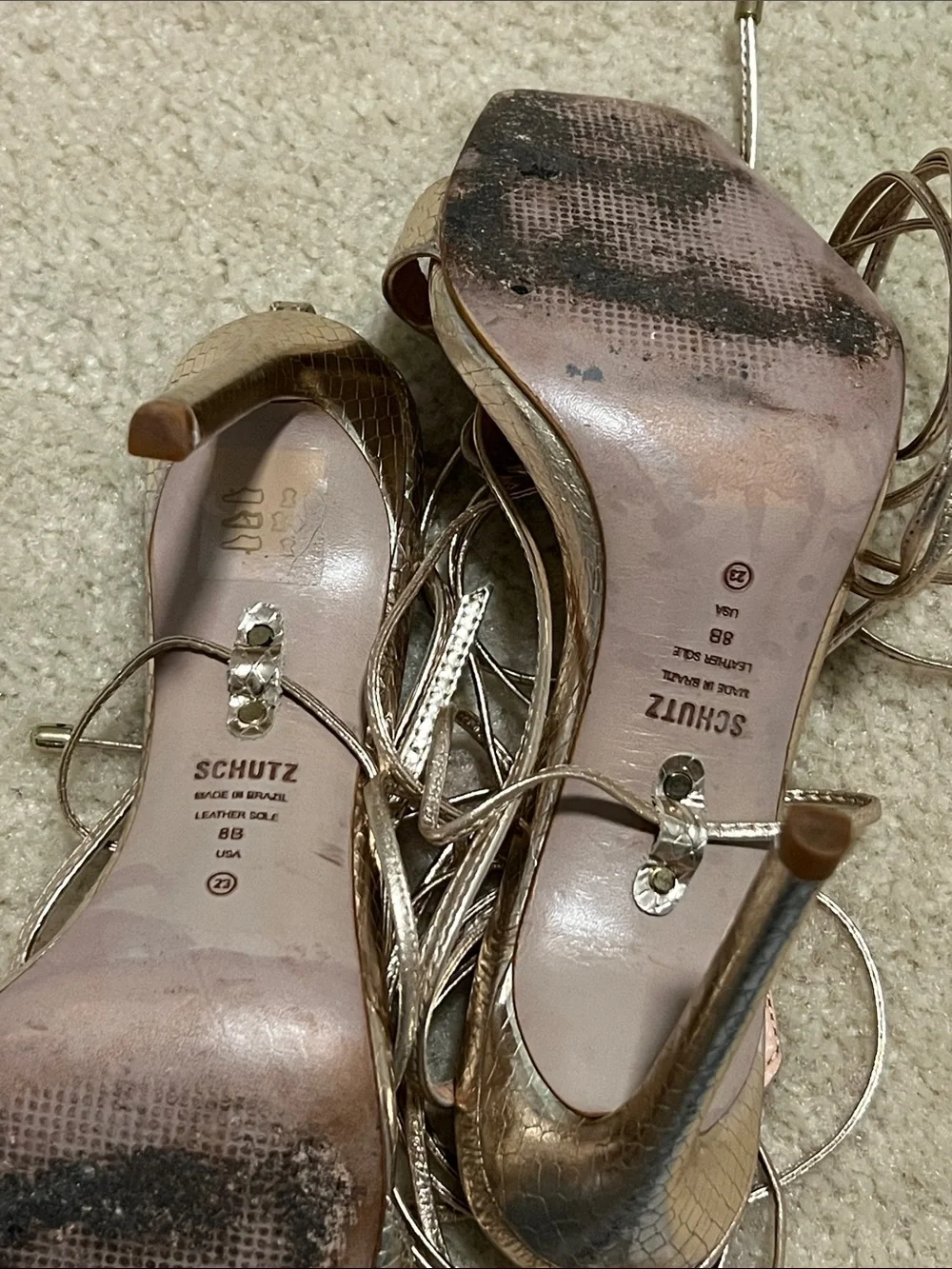 SCHUTZ Metallic Gold Snake-Embossed Lace-Up Stiletto Sandals